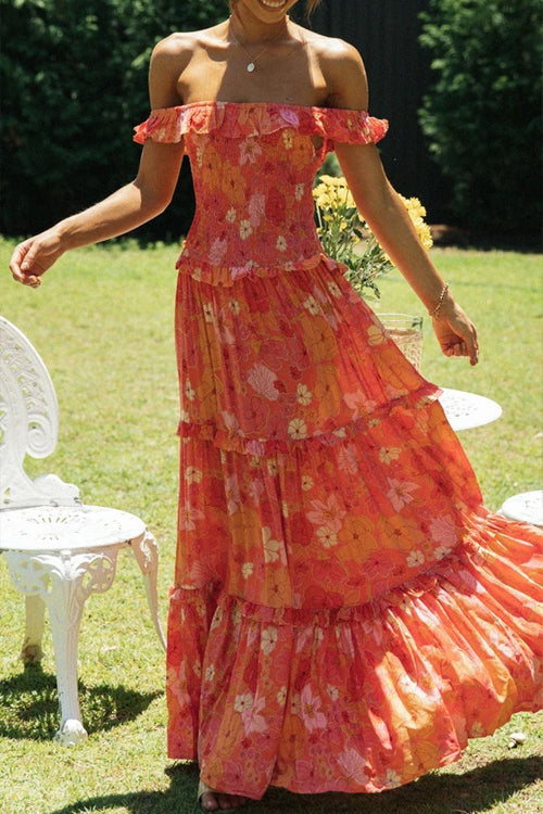 Large Floral Print Off Shoulder Smocked Ruffle Trim Three Tier Maxi Dress