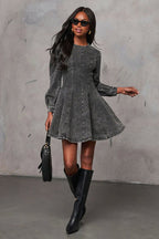 Denim Puff Shoulder Paneled Fit and Flare Mini Dress