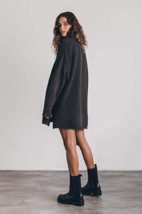 Waffle Knit Crew Neck Long Sleeve Side Slit Sweater Mini Dress