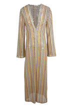 Pilar Chic Boho V Neck Bell Sleeve Maxi Dress, Wavy Striped Crochet Beach Holiday Dress Evening Wear Edit