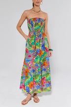 Strapless High Waist Floral Print Ruffle Maxi Dress