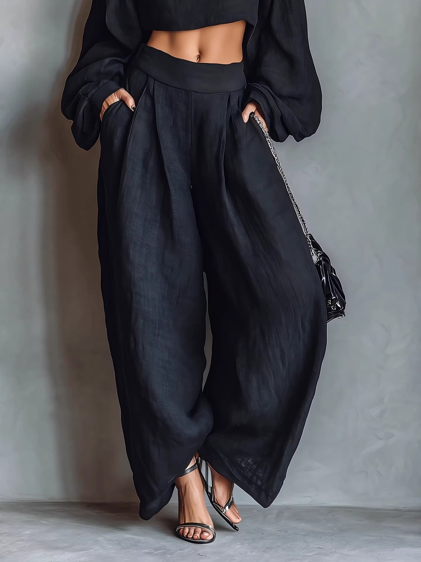 Solid Color Off-shoulder Long-sleeved Top And Wide-leg Pants Two-piece Set