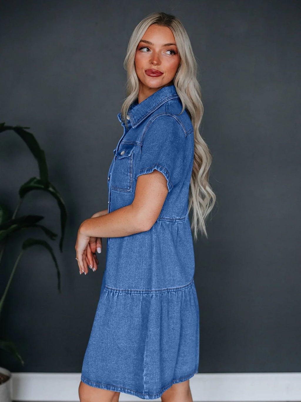 Denim Buttons Short-sleeved Collar Mini&Short Dresses