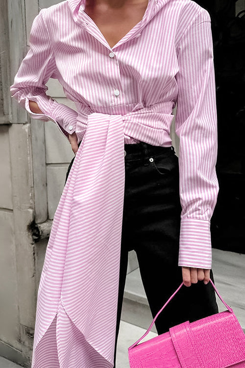 Long Sleeves Tie Waist Striped Blouse Shirt