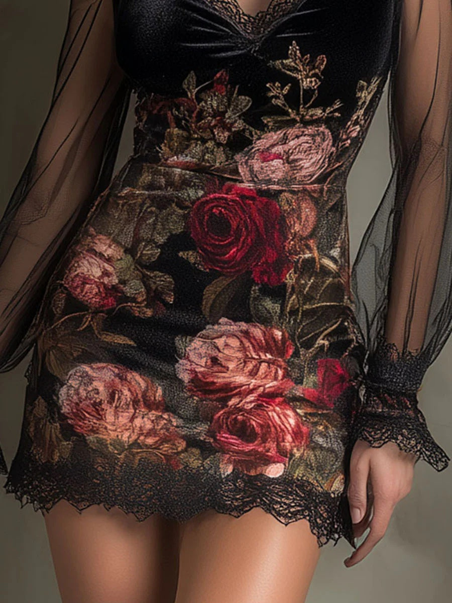 Lace Trim Floral Mesh Splicing Hip-hugging Mini&Short Dresses