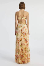 Pleated Floral Print Halter Neck Waist Cut Out Maxi Dress