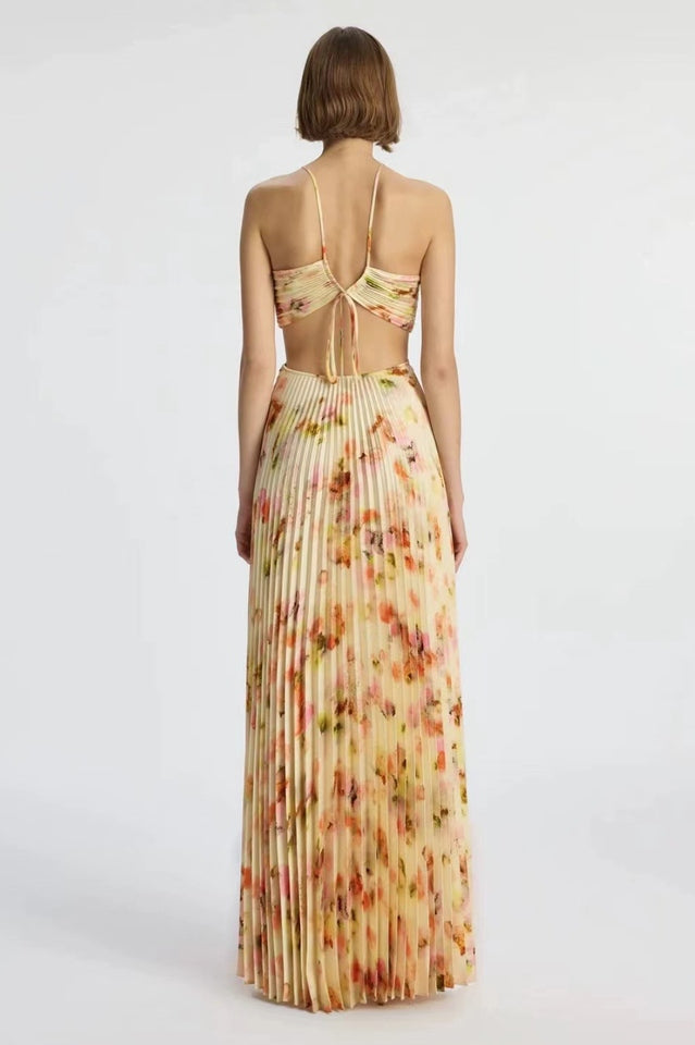 Pleated Floral Print Halter Neck Waist Cut Out Maxi Dress