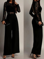 Lace Stitching Perspective Long Sleeve Wide Leg Jumpsuits