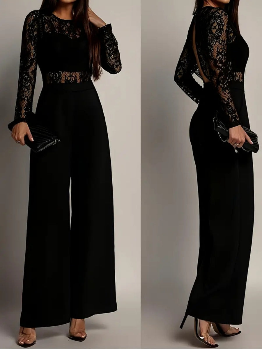 Lace Stitching Perspective Long Sleeve Wide Leg Jumpsuits