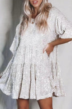 Sequin Tiered Ruffle Short Sleeve Babydoll Mini Dress