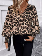 V-neck Leopard Print Loose Long-sleeved Casual T-shirt