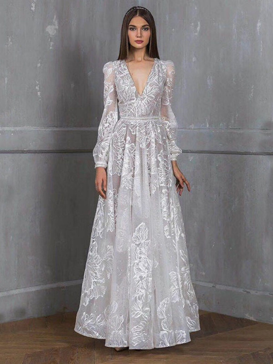 Lace Embroidery V-neck Maxi Dresses