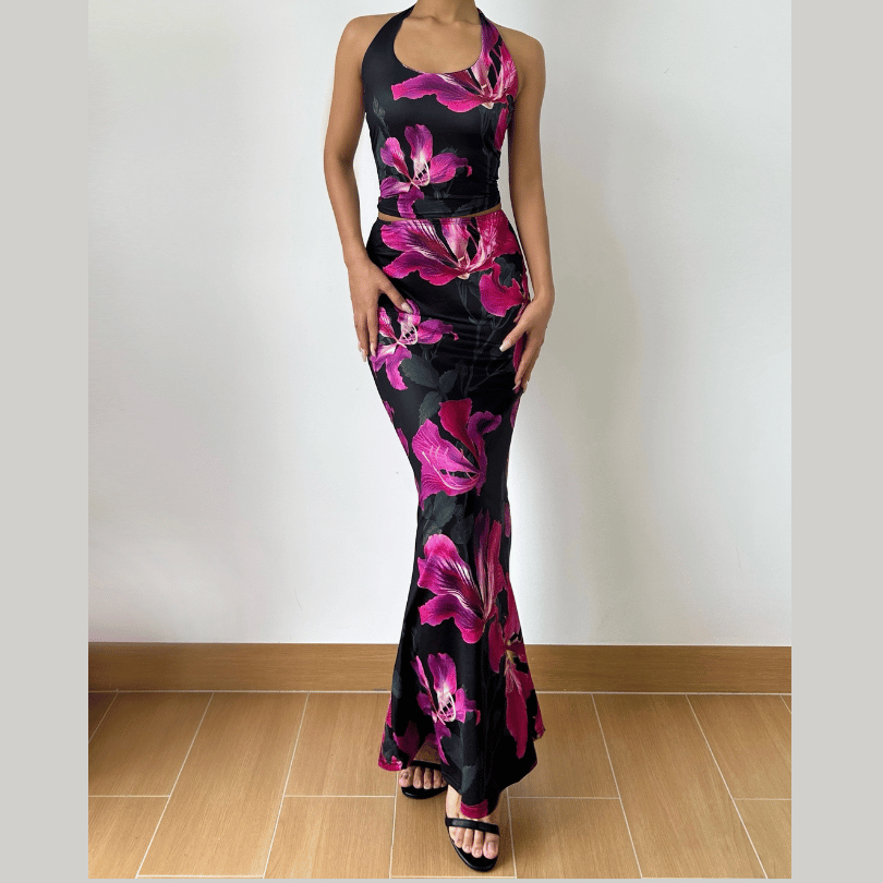 Halter self tie u neck flower print maxi skirt set  | Festival Outfits Women
