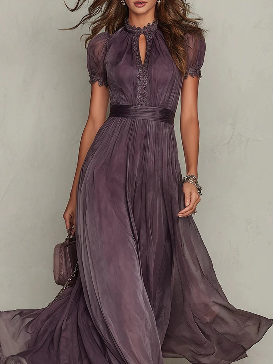 V-neck Waist Ruffle Chiffon Big Swing Maxi Dresses