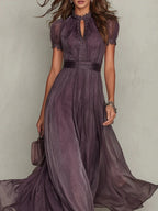 V-neck Waist Ruffle Chiffon Big Swing Maxi Dresses