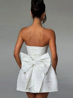 Jacquard Strapless Top Bow Straps Backless Solid Color Mini&Short Dresses