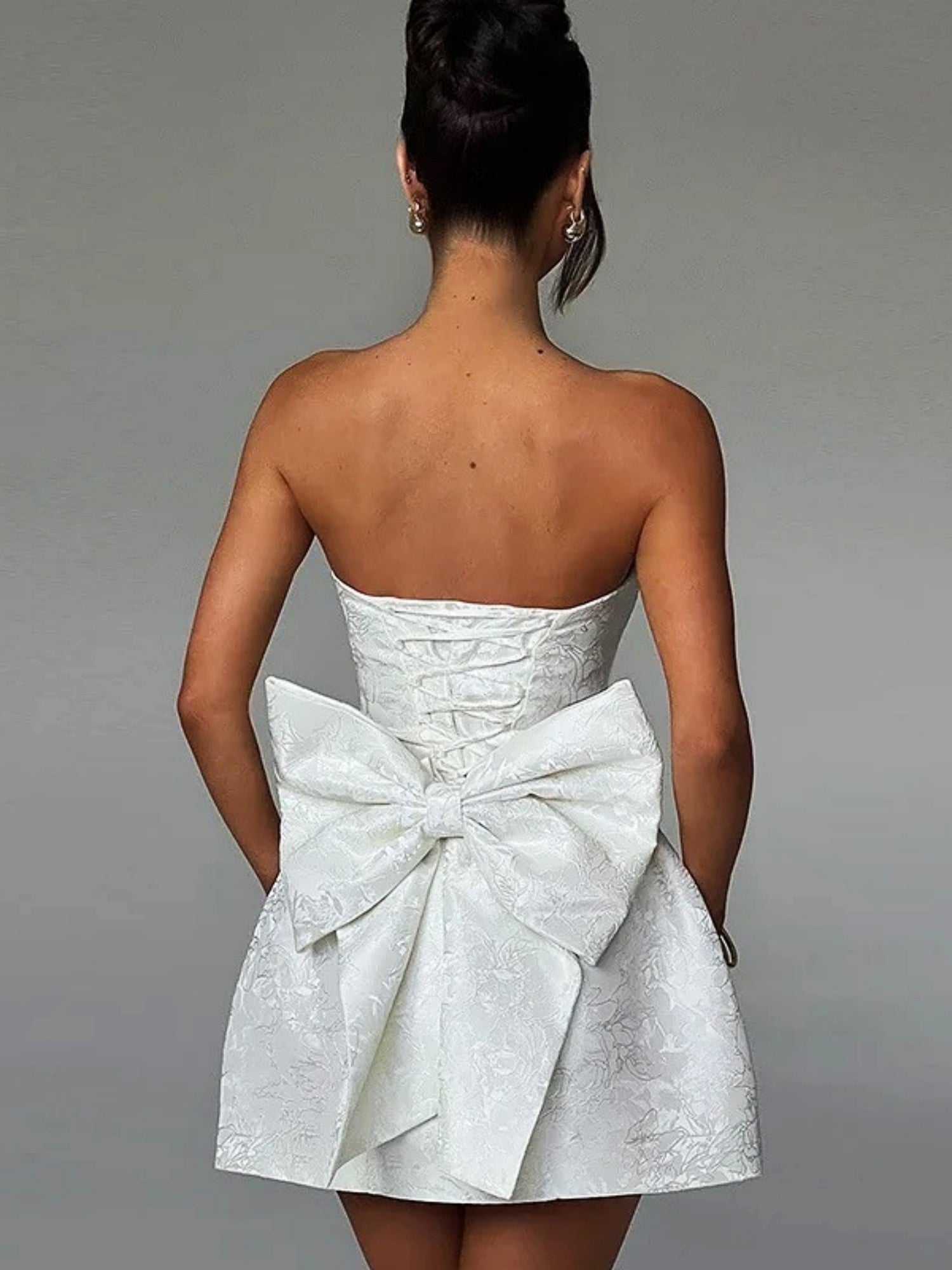 Jacquard Strapless Top Bow Straps Backless Solid Color Mini&Short Dresses