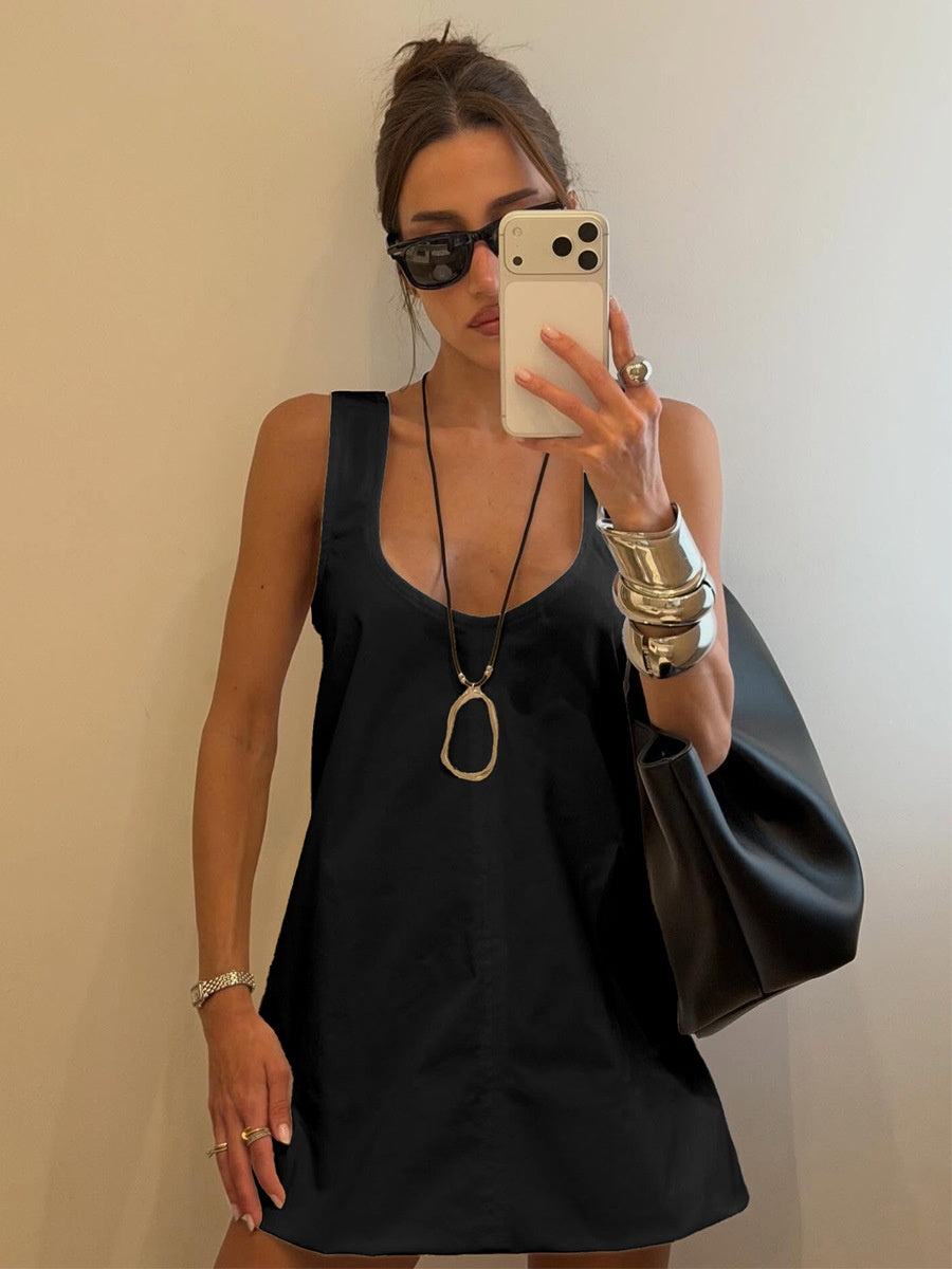 Pure Cotton U-neck Loose-fit Sleeveless A Mini&Short Dresses