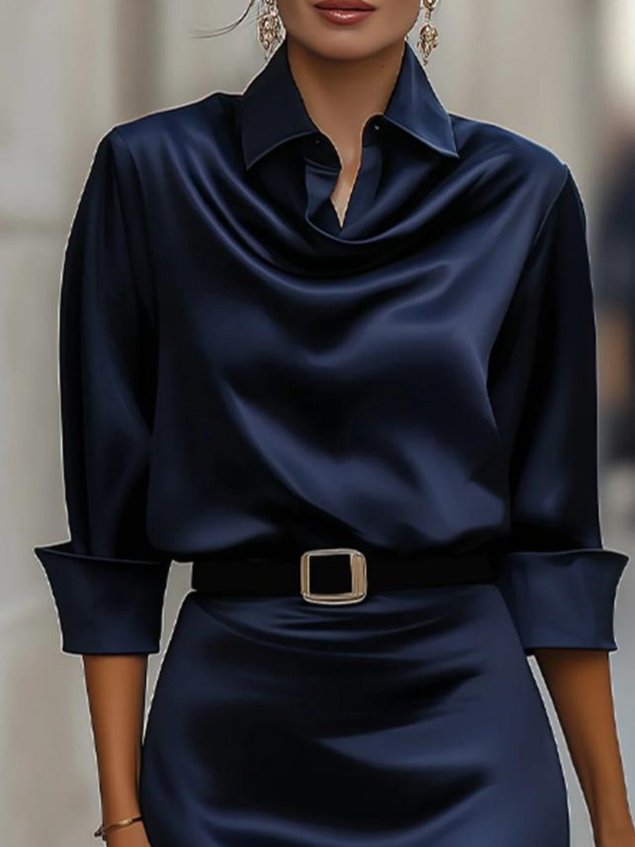 Swing Collar Draped Collar Grace Long Sleeve Belt Midi Dresses