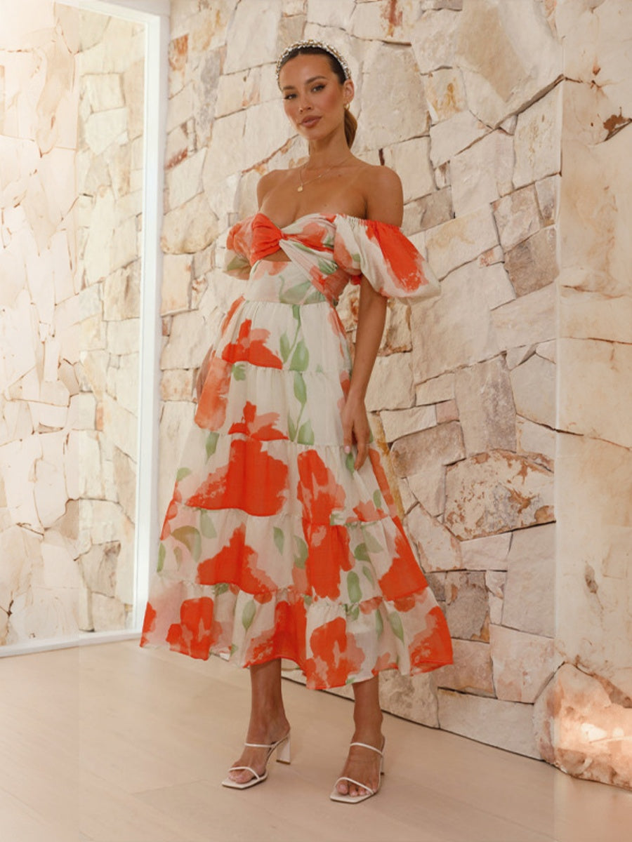 Printed Puff Sleeve Sweetheart Collar Vacation Maxi Dresses