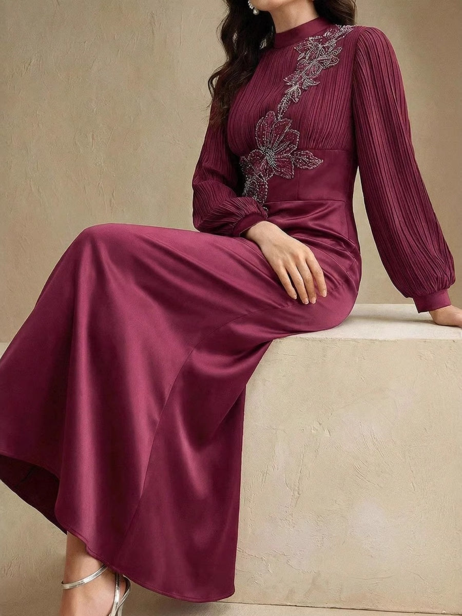 Crew Neck Long Sleeve Crimp Applique Maxi Dresses