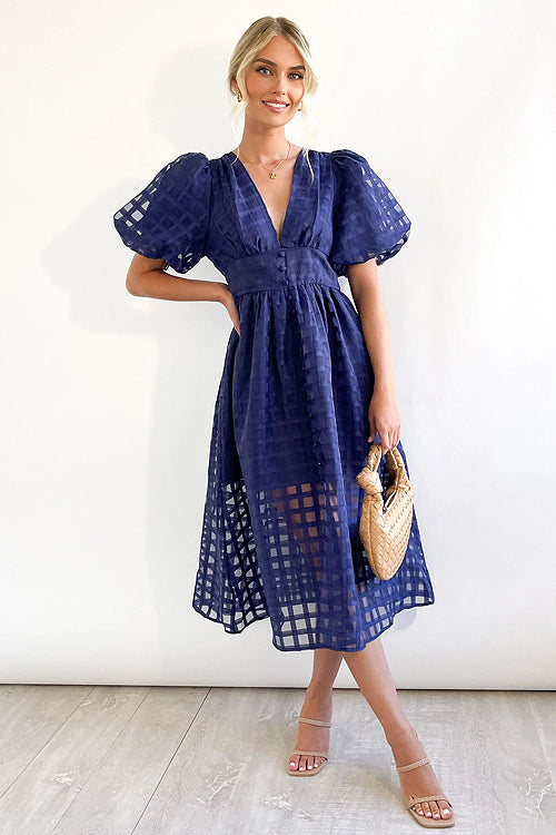 Puff Sleeve Sheer Grid Check Empire Waist Button Front Midi Dress