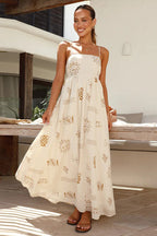 Square Neck Spaghetti Strap Graphic Print Empire Waist Maxi Dress