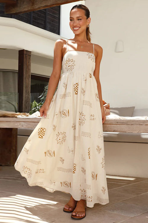 Square Neck Spaghetti Strap Graphic Print Empire Waist Maxi Dress