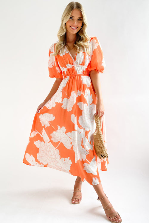Abstract Geometric Print Deep V-Neck Puff Sleeve Cinched Waist Maxi Dress