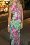 Sleeveless Back Cut Out Slit Tropical Floral Print Maxi Dress