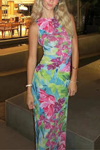 Sleeveless Back Cut Out Slit Tropical Floral Print Maxi Dress