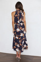 Satin Floral Print Halter Scarf Neck A-Line Midi Dress