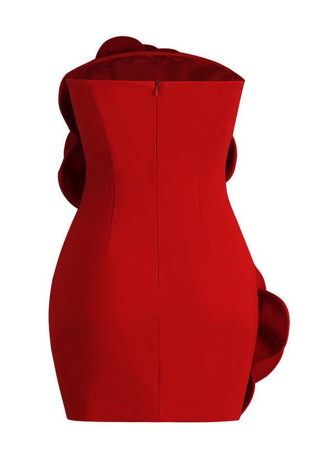 Strapless 3D Fabric Flower Applique Bodycon Mini Dress