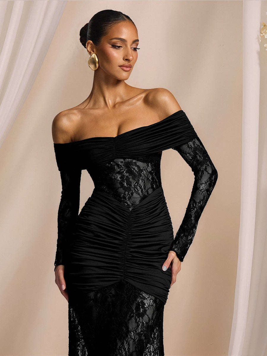 Off Shoulder Hollow Lace Splicing Long Sleeve Hip-hugging Maxi Dresses