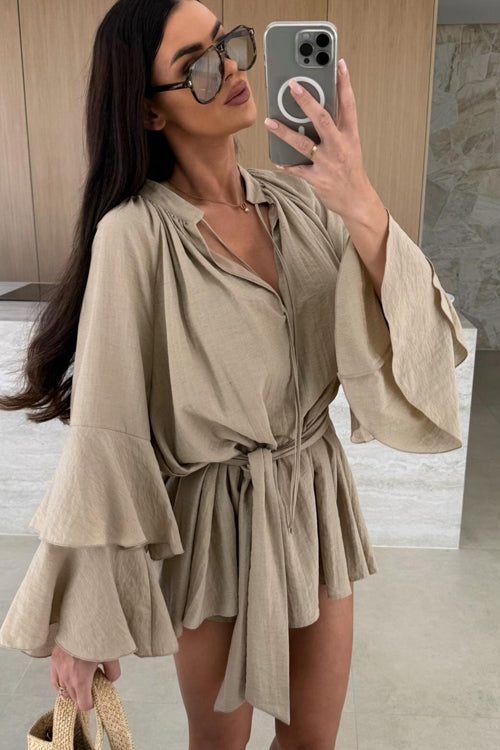 Textured Bell Sleeve Tie Waist Deep V-Neck Romper