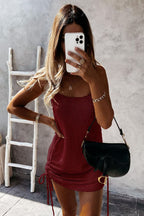 Metallic Knit Spaghetti Strap Side Drawstring Ruched Mini Dress