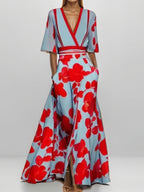 Pattern Printed Temperament V-neck Lace Up Large Skirt Maxi Dresses