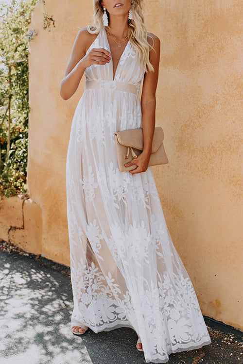 Halter Deep V-Neck Lace Floral Embroidered Empire Waist Backless Maxi Dress