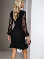 Lace-trimmed Puff Sleeves Ruffled Cross Hem Midi Dresses