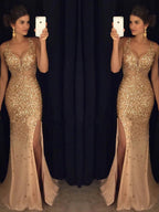 V-neck Slit Sprinkled Gold Formal Dress Maxi Dresses