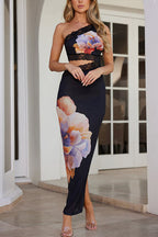 One Shoulder Cut Out Lace Splice Floral Maxi Bodycon Dress