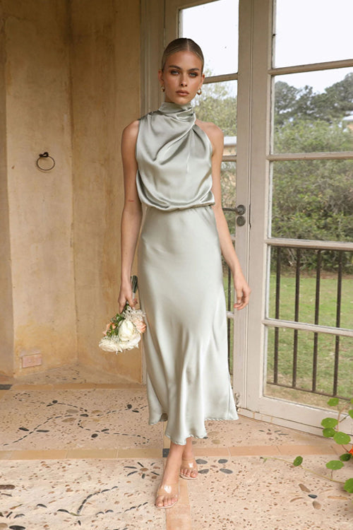 One Shoulder Cowl Neck Draped Satin A-Line Midi Dress
