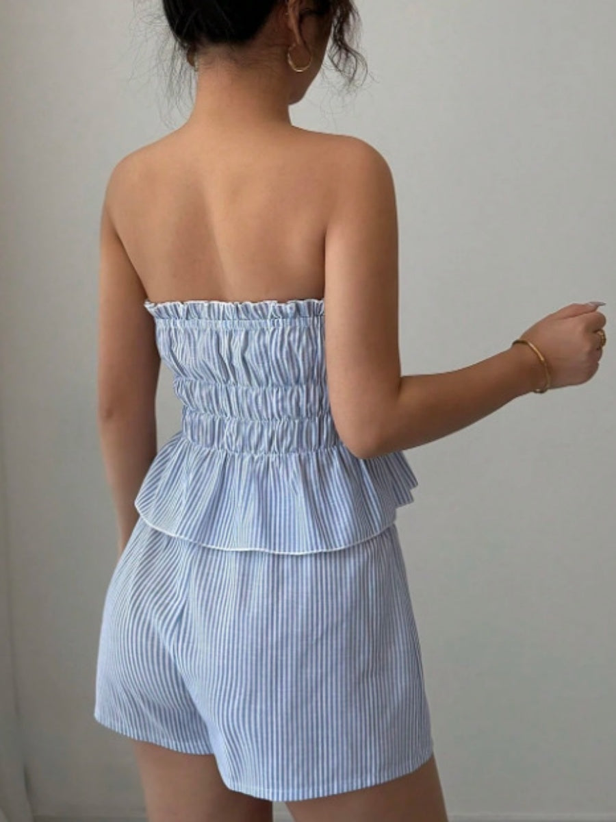 Strapless Striped Ruffled Crop Top And Elastic Waist Shorts Two-piece Set