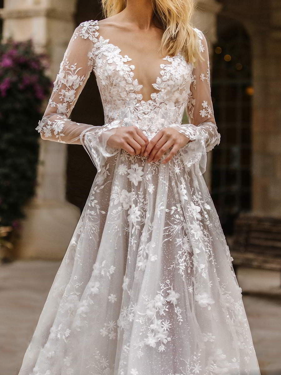 Sexy Long Sleeve V-neck Thin Bridal Wedding Maxi Dresses