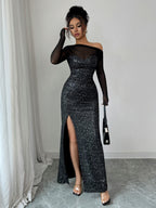 Sequins Sloping Shoulders Slit Sexy Formal Dress Maxi Dresses