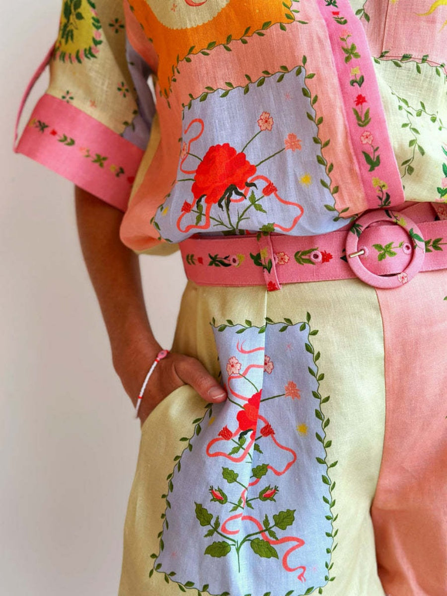 Floral Print Casual And Stylish Linen Shirt And Shorts Two-piece Set