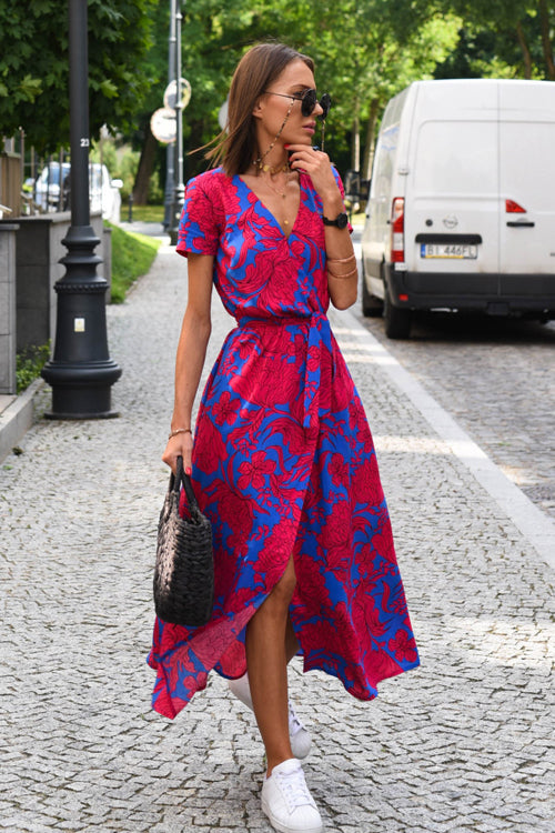 Short Sleeve V-Neck Floral Print Wrap Tie Waist Slit Maxi Dress
