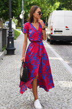Short Sleeve V-Neck Floral Print Wrap Tie Waist Slit Maxi Dress
