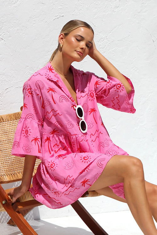 Novelty Sketch Print Collar V-Neck Button Front Tiered Smock Mini Dress