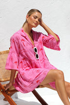 Novelty Sketch Print Collar V-Neck Button Front Tiered Smock Mini Dress